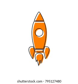 Rocket sign illustration. Vector. Black line icon with shifted flat orange filled icon on white background. Isolated.