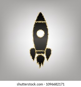 Rocket sign illustration. Vector. Blackish icon with golden stars at grayish background.