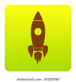 Rocket sign illustration. Vector. Brown icon at green-yellow gradient square with rounded corners on white background. Isolated.
