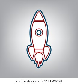 Rocket sign illustration. Vector. Dark red, transparent and midnight green stroke of white icon at grayish background.