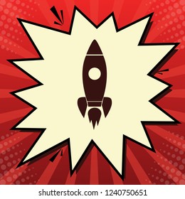 Rocket sign illustration. Vector. Dark red icon in lemon chiffon shutter bubble at red popart background with rays.