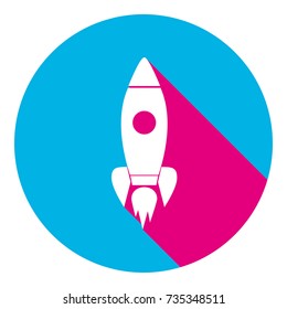 Rocket sign illustration. Vector. Flat white icon with mexican pink shadow inside sky blue(S and G) circle at white background. Isolated. Trend colors in 2017.