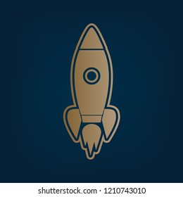 Rocket sign illustration. Vector. Golden icon and border at dark cyan background.