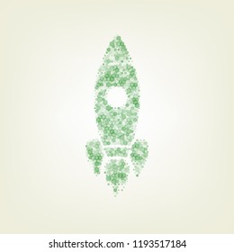 Rocket sign illustration. Vector. Green hexagon rastered icon and noised opacity and size at light green background with central light.