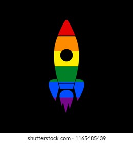 Rocket sign illustration. Vector. Icon with colors of LGBT flag at black background.