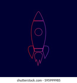 Rocket sign illustration. Vector. Line icon with gradient from red to violet colors on dark blue background.