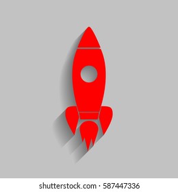 Rocket sign illustration. Vector. Red icon with soft shadow on gray background.