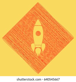 Rocket sign illustration. Vector. Red scribble icon obtained as a result of subtraction rhomb and path. Royal yellow background.