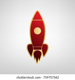 Rocket sign illustration. Vector. Red icon on gold sticker at light gray background.