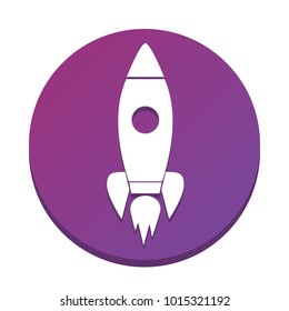 Rocket sign illustration. Vector. White icon with flat shadow on purpureus circle at white background. Isolated.