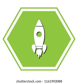 Rocket sign illustration. Vector. White icon with black shadow at yellow green honeycomb on white background.