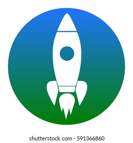 Rocket sign illustration. Vector. White icon in bluish circle on white background. Isolated.