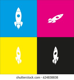 Rocket sign illustration. Vector. White icon with isometric projections on cyan, magenta, yellow and black backgrounds.