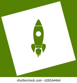 Rocket sign illustration. Vector. White icon obtained as a result of subtraction rotated square and path. Avocado background.
