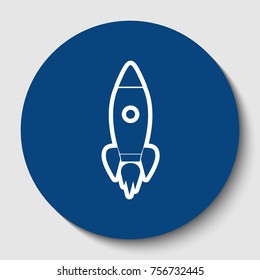 Rocket sign illustration. Vector. White contour icon in dark cerulean circle at white background. Isolated.