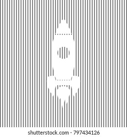 Rocket sign illustration. Vector. White icon on grayish striped background. Optical illusion.