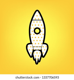 Rocket sign illustration. Vector. Yellow polka dot white icon with black contour at warm yellow background.