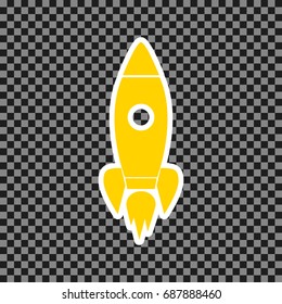 Rocket sign illustration. Vector. Yellow icon with white contour on dark transparent background.