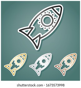 Rocket sign. Set of metallic Icons with gray, gold, silver and bronze gradient with white contour and shadow at viridan background. Illustration.