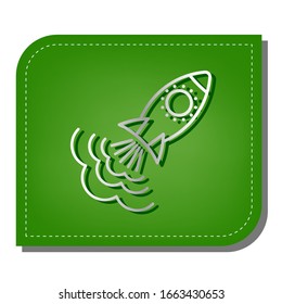 Rocket sign. Silver gradient line icon with dark green shadow at ecological patched green leaf. Illustration.