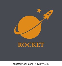 Rocket sign start up into space to a star from the orbit of the planet earth. Abstract logo template, icon, pictogram, identity for business. A symbol of moving forward to the intended goal. Vector.