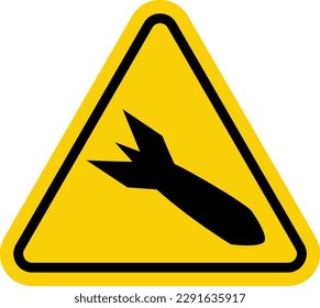 Raketennzeichen. Raketenwarnzeichen. Gelbes Dreieck mit einem Raketensymbol drinnen. Pass auf, Bomben! Sterberisiko. Militärgebiet. Feindseligkeiten. Raketen fliegen. Unterzeichnende Rakete.