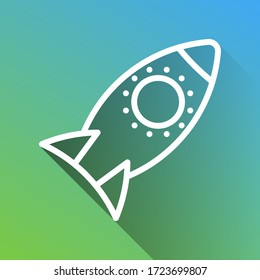 Rocket sign. White Icon with gray dropped limitless shadow on green to blue background. Illustration.