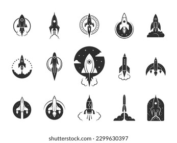 Rocket silhouette launch. Speed spaceship icons, fast space rocketship fly symbols, cosmos explorer designs