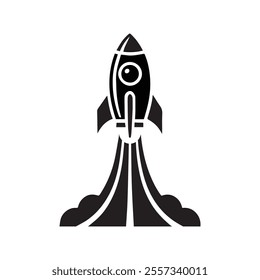 Rocket silhouette vector icon symbolizing innovation, progress, and exploration. Perfect for technology, space, startup, or science projects. EPS format ensures scalability.
