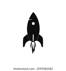 Rocket Silhouette Vector: Minimalist Black Design with Flame and Circular Window