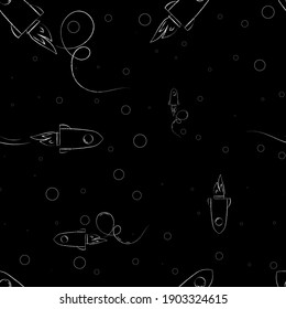 Rocket simple vector seamless pattern chalk style outline illustration on black background