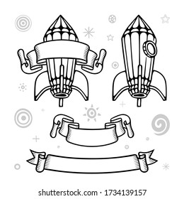 Rocket sketch drawing. Old style space ship and vintage banners hand drawn vector illustrations collection. Part of set.