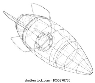 Rocket sketch. Vector rendering of 3d. Wire-frame style. The layers of visible and invisible lines are separated