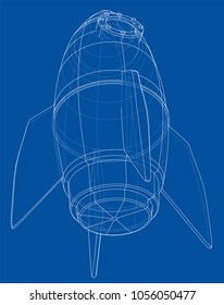 Rocket sketch. Vector rendering of 3d. Wire-frame style. The layers of visible and invisible lines are separated
