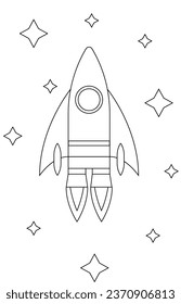 Rocket in the Sky Children Coloring Page. Drawing and learning concept vector art