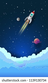 rocket in the sky ,paper art style , start up concept ,vector design