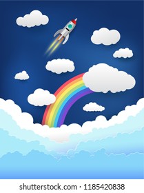 rocket in the sky ,paper art style , start up concept ,vector design