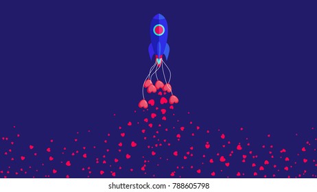 Rocket up to the sky with the release of the hearts. Rocket up to the sky with the release of hearts balloons. design for valentine's day. vector, illustration.