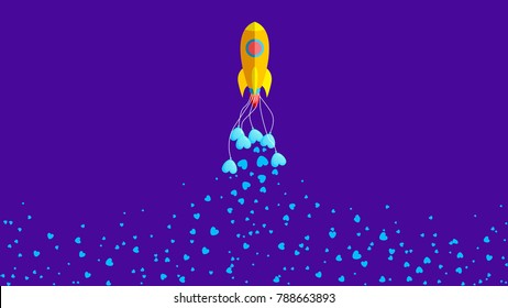 Rocket up to the sky with the release of the hearts. Rocket up to the sky with the release of hearts balloons. Rocket design for valentine's day. vector, illustration.