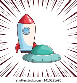 rocket skyrocket with spaceship cartoon  over comic lines background vector illustration graphic design
