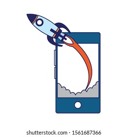rocket and smartphone device icon over white background, vector illustration