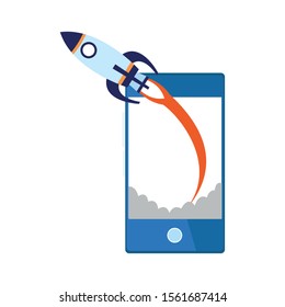 rocket and smartphone device icon over white background, vector illustration