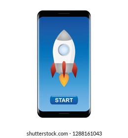 rocket in a smartphone with start button vector illustration EPS10