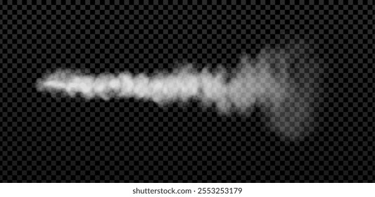 Raketenrauch waagerechte Spur mit Dampf. Realistische weiße Flugzeugabschussspur mit Vektorgrafik. Nebelfluss, Wolken, Dampf einzeln auf transparentem Hintergrund. Gasnebelleitung. Flugkörper- oder Geschoßspur