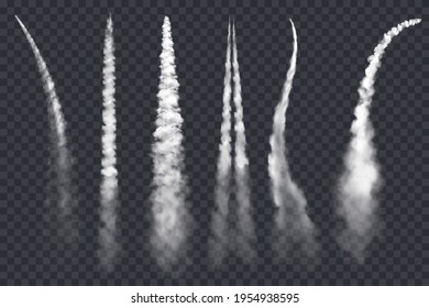 Rocket smoke or jet airplane vector trails isolated on transparent background. 3d realistic white clouds and contrails of plane or spaceship, aircraft and spacecraft condensation trails design
