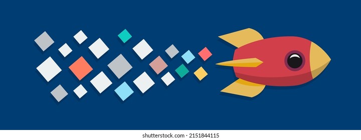 Rocket with smoke made of pixels. Concept of startup and digital work. Banner, illustration pattern