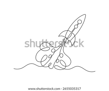 Rocket with Smoke Plume. Continuous Line Art of Launch and Space Exploration Concept