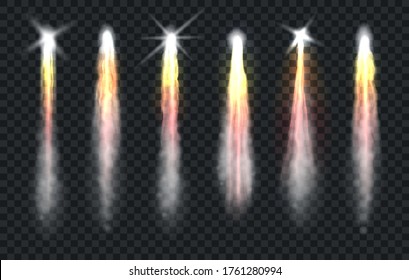 Rocket Smoke. Realistic Effect Of Fire And Smoke From Launch Spaceship, Jets Of Smoky Air After Launching Space Transport, Vector Illustration Effects Isolated On Transparent Background