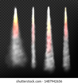 Rocket smoke. Realistic effect of speed flying launch space ship smoke and fire vector collection