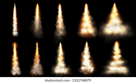 Rocket smoke speed fire trail cloud vector isolated effect. 3d realistic plane or jet launch contrail flame spray. Shuttle or spaceship takeoff explosionin sky. Aircraft condensation track texture